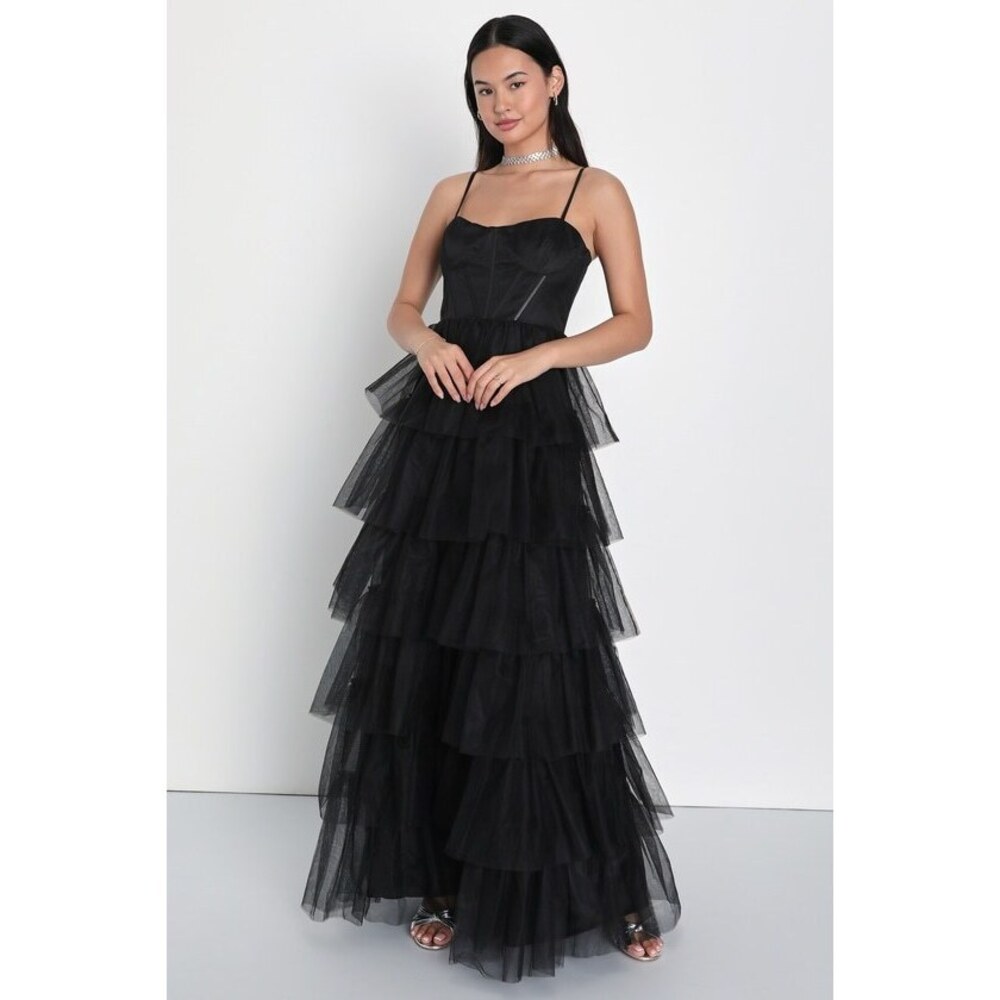 Lulus Rule The Runway Black Tulle Bustier Tiered Maxi Dress - Size L